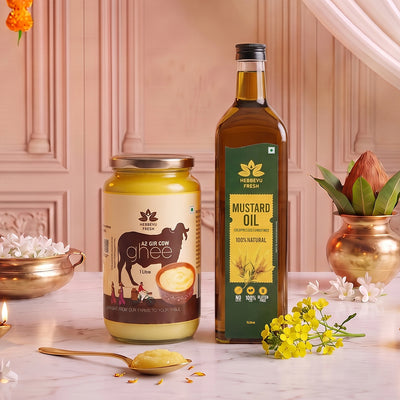 A2 Desi Gir Cow Bilona Ghee 1 Kg with Cold-Pressed Mustard Oil 1 L Combo