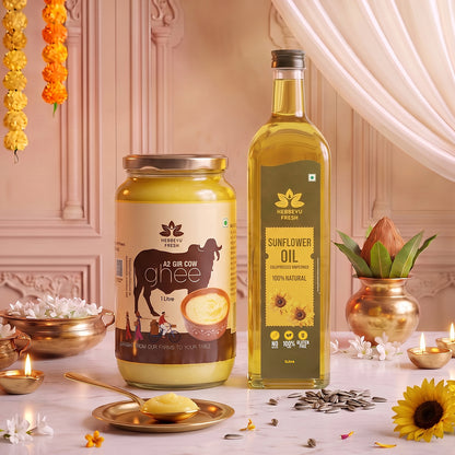 A2 Desi Gir Cow Bilona Ghee 1 Kg with Cold-Pressed Sunflower Oil 1 L Combo