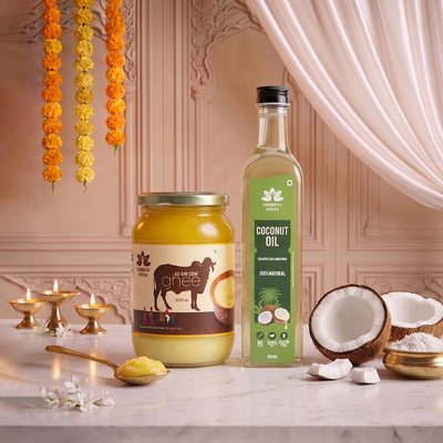 A2 Desi Gir Cow Bilona Ghee 500 gm with Cold-Pressed Coconut Oil 500 ml | Festival Combo Sale