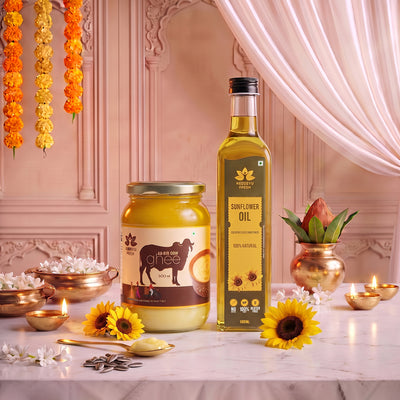A2 Desi Gir Cow Bilona Ghee 500 gm with Cold-Pressed Sunflower Oil 500 ml | Festival Combo Sale