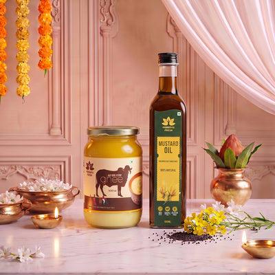 A2 Desi Gir Cow Bilona Ghee 500gm with Cold-Pressed Mustard Oil 500ml | Festival Combo Sale
