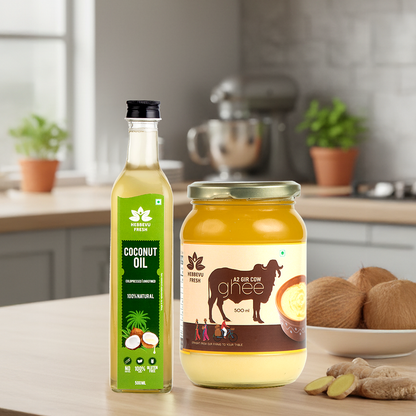 A2 Desi Gir Cow Bilona Ghee 500 gm with Cold-Pressed Coconut Oil 500 ml | Festival Combo Sale