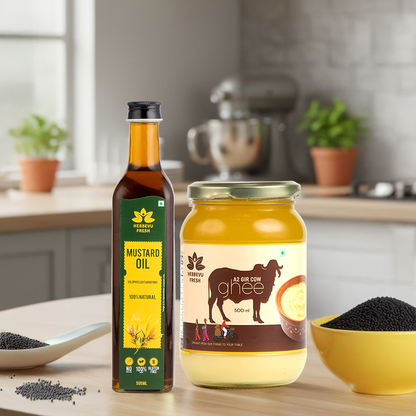 A2 Desi Gir Cow Bilona Ghee 500gm with Cold-Pressed Mustard Oil 500ml | Festival Combo Sale
