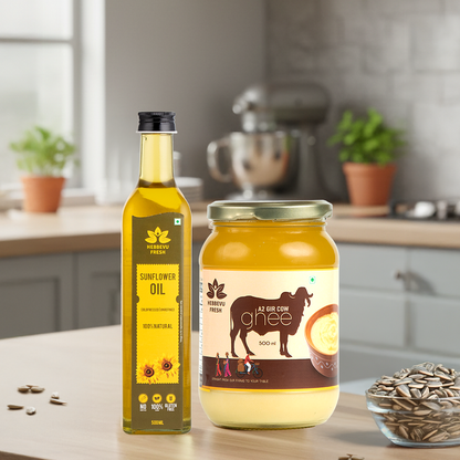 A2 Desi Gir Cow Bilona Ghee 500 gm with Cold-Pressed Sunflower Oil 500 ml | Festival Combo Sale