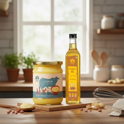 A2 Sahiwal Ghee 500 gm with Cold-Pressed Groundnut Oil 500 ml | Festival Combo Sale